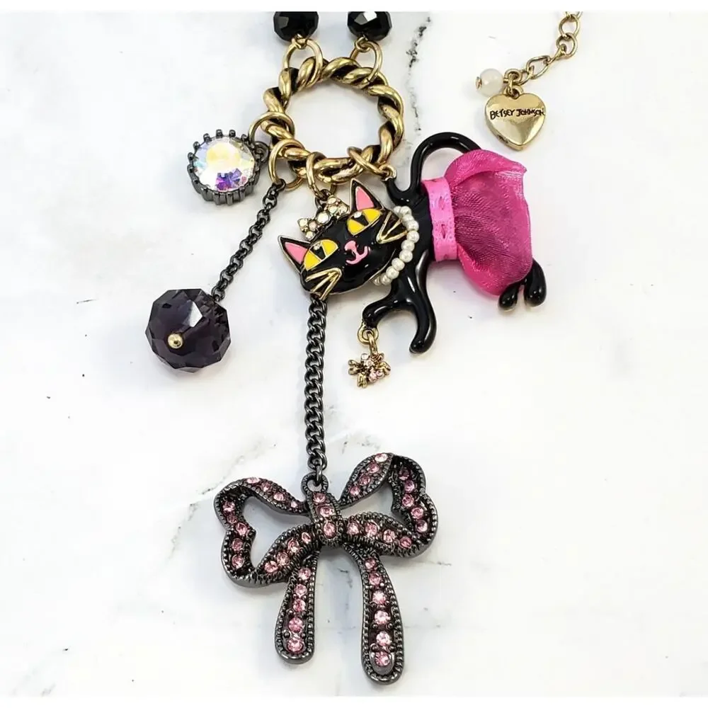 Betsey‎ Johnson Kitty in a TuTu Lariat Necklace RARE Embellished Sparkly Glam